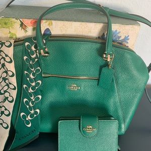 Coach Green Handbag, Wallet and Skinny Scarf
